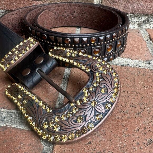Nomad Studded Rhinestone Western Leather Belt Floral Buckle Brown S/M NEW main image 5